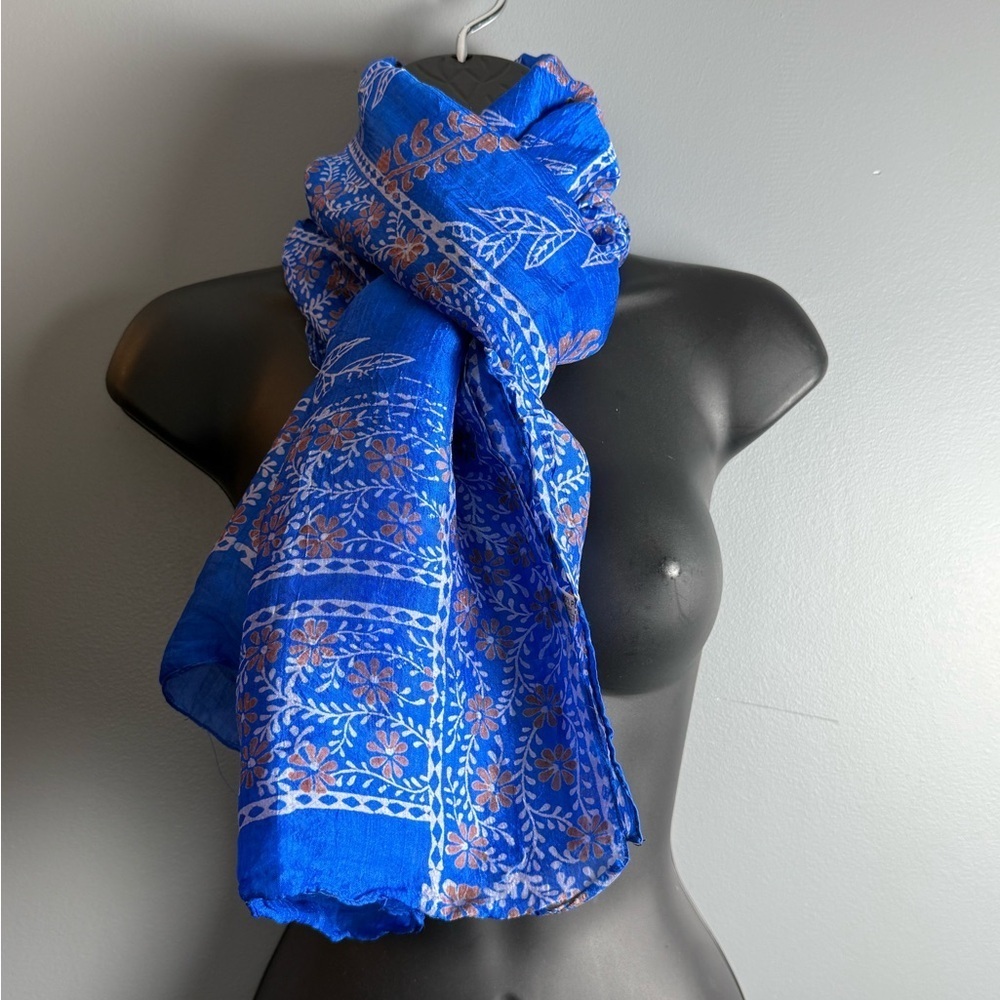 100% Pure Silk Vintage Sheer Floral Scarf Made In India 21" x 62"